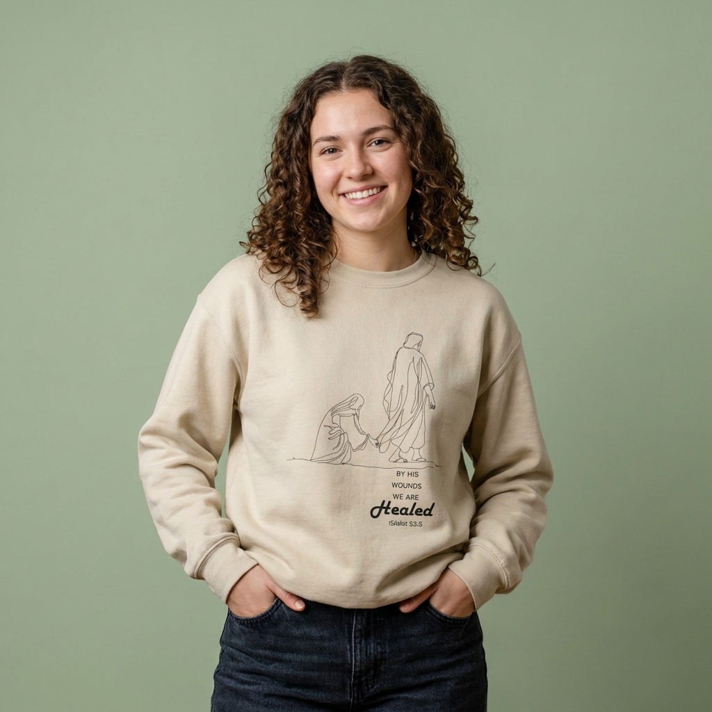 Healed Sweatshirt — Christian Faith Design "By His Stripes I Am Healed" Lightweight Crewneck