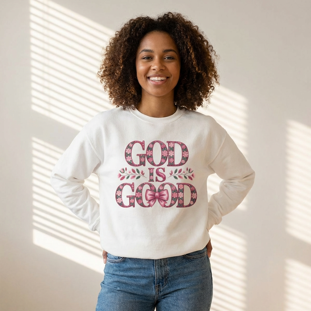 God Is Good Sweatshirt — Floral Pink Faith Crewneck