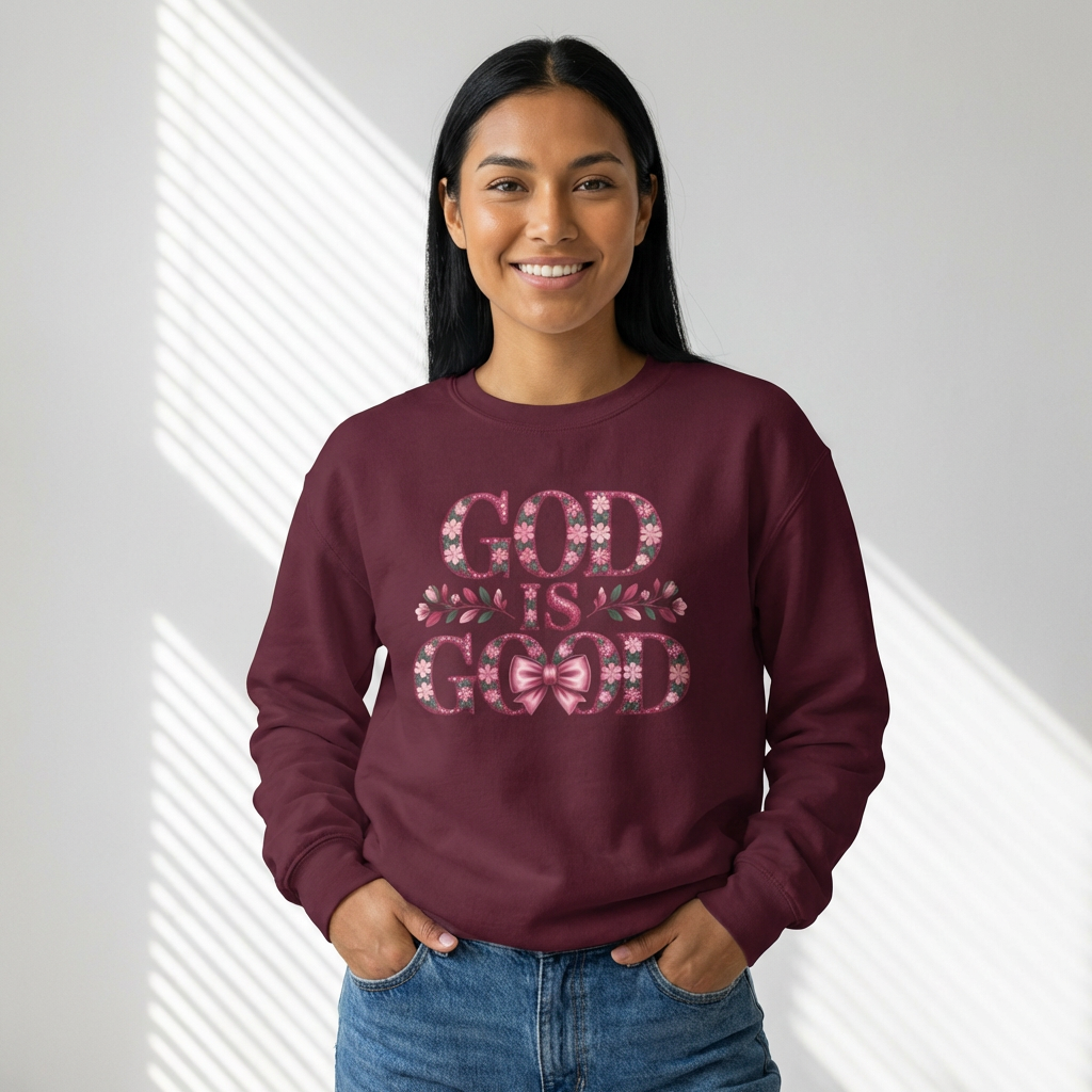God Is Good Sweatshirt — Floral Pink Faith Crewneck