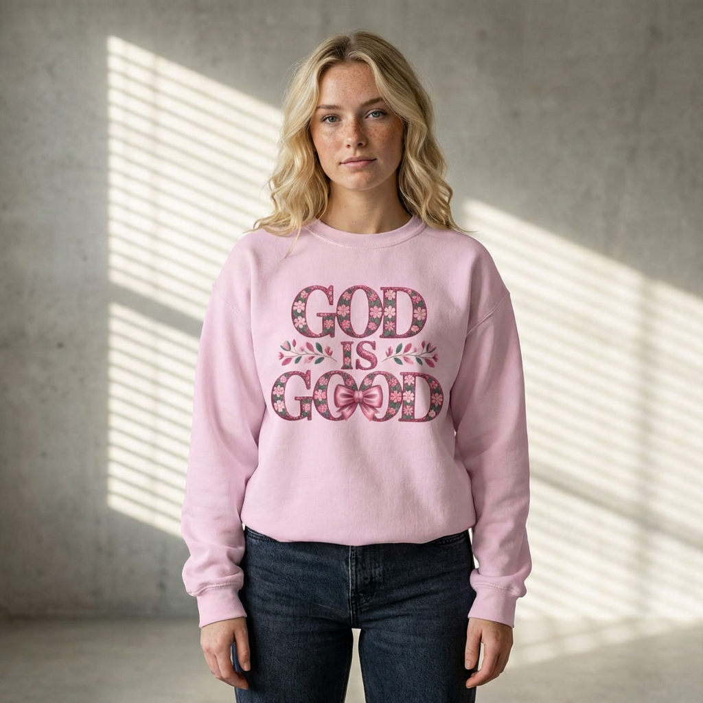 God Is Good Sweatshirt — Floral Pink Faith Crewneck